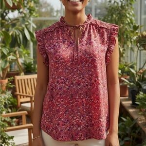 NWT Adrienne Vittadini Red Floral Ruffled V-Neck/Cap Sleeve Blouse